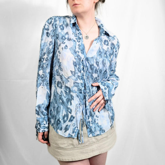 Vintage Y2K Light Blue Floral Print Sheer Blouse – Per Una