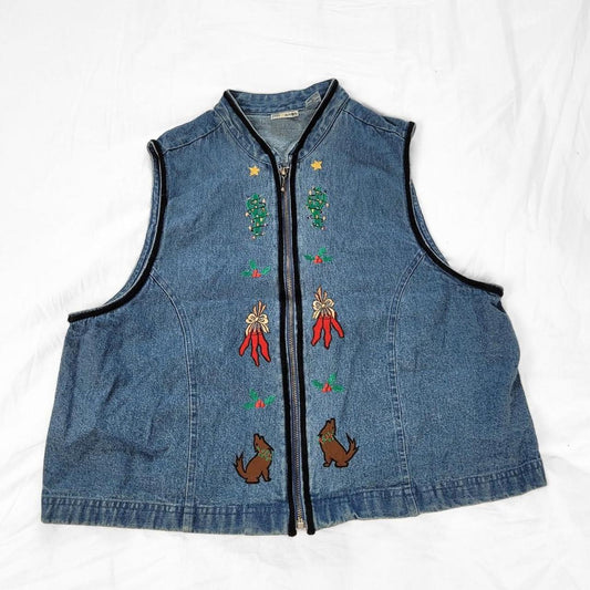 Vintage 90s Denim Waistcoat Vest with Dog, Cactus & Holly Embroidery