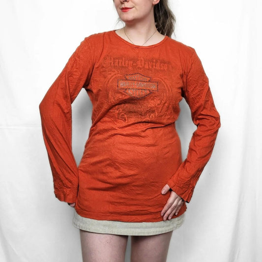 Vintage Y2K Harley Davidson Orange Graphic Long Sleeve Top