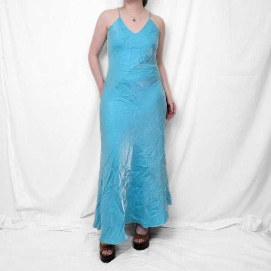 Y2K Light Blue Satin Maxi Dress – Fairycore Heaven