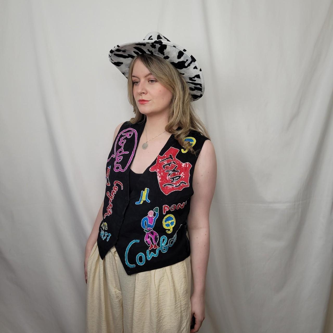 Y2K Black Neon Embroidery Waistcoat S Western – Wild West Cowgirl Graffiti Festival Rodeo Texas Size 8