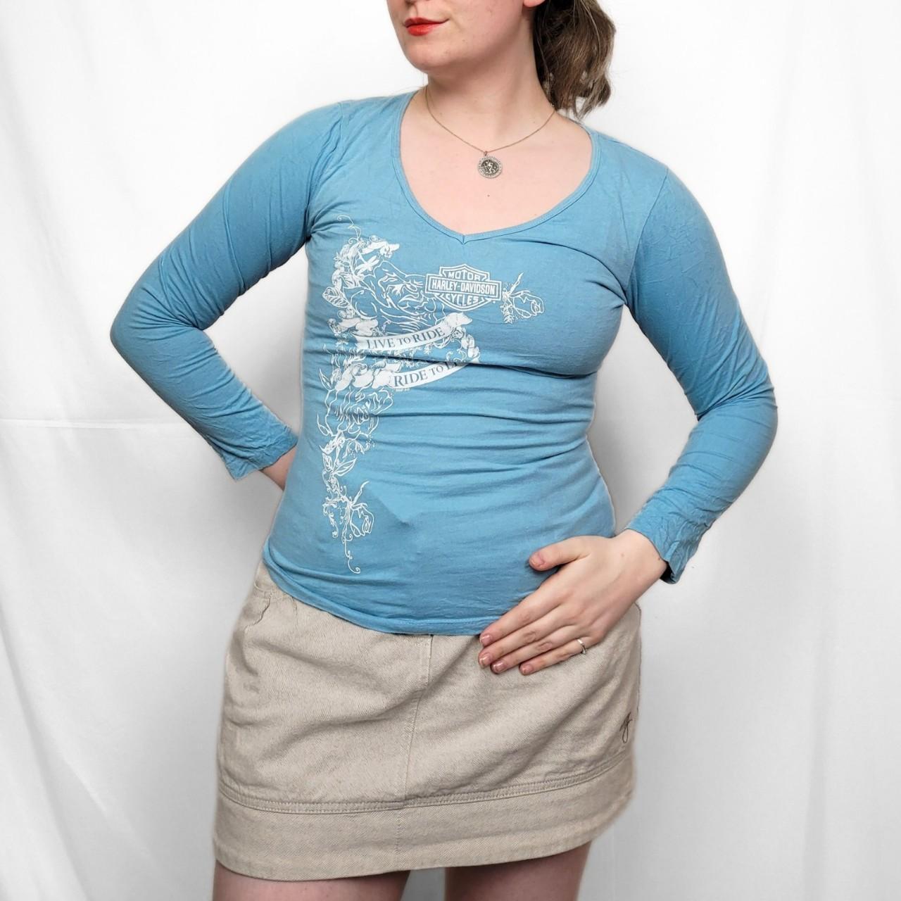 Vintage Y2K Harley Davidson Graphic Baby Blue Long Sleeve Top