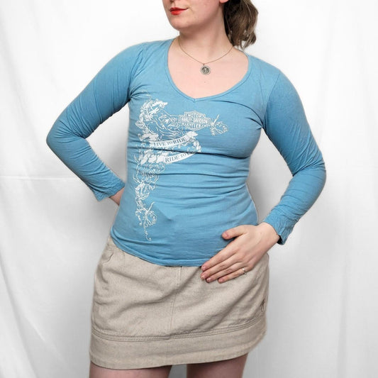 Vintage Y2K Harley Davidson Graphic Baby Blue Long Sleeve Top