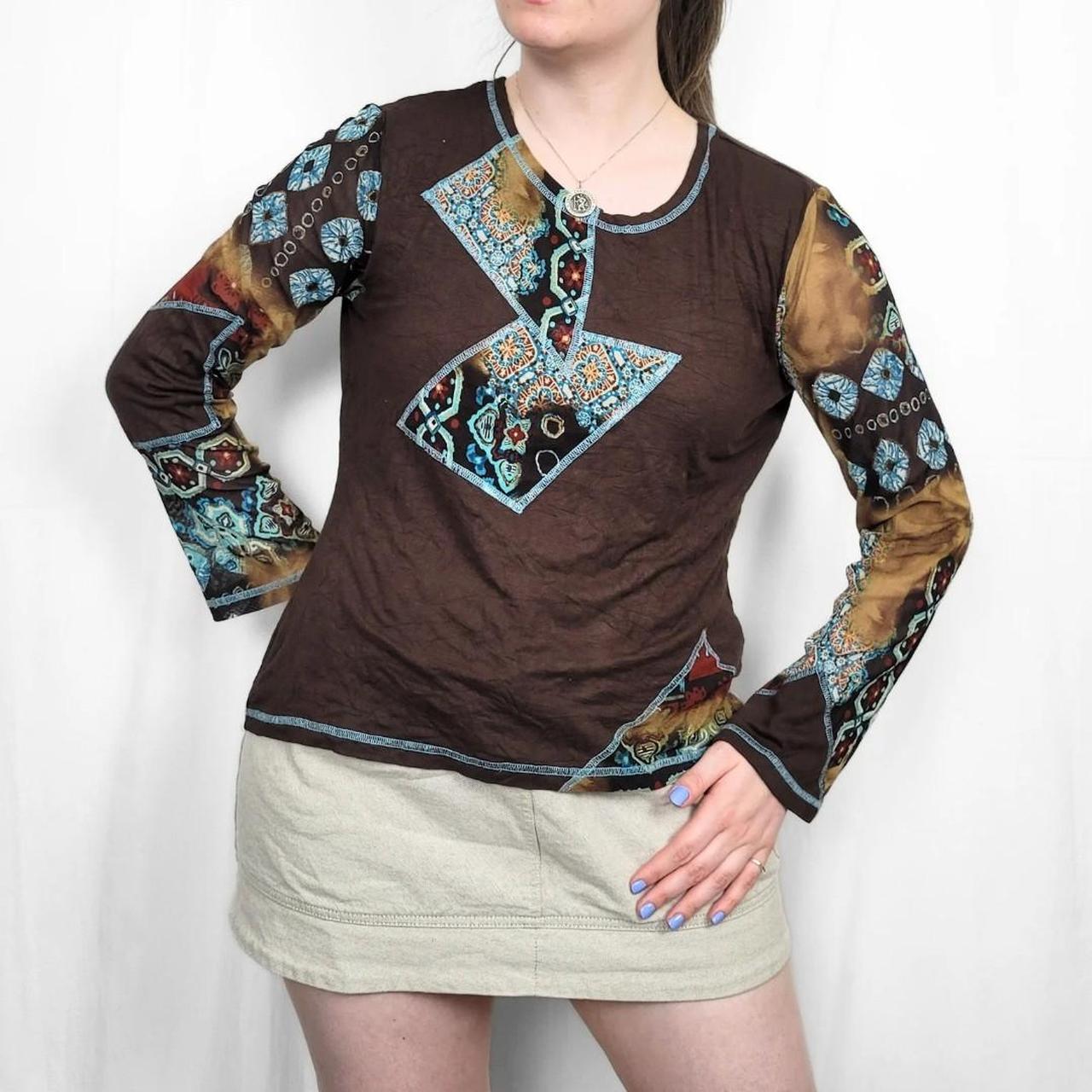 Y2K Brown & Blue Long Sleeve Mesh Top with Funky Design