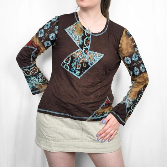 Y2K Brown & Blue Long Sleeve Mesh Top with Funky Design