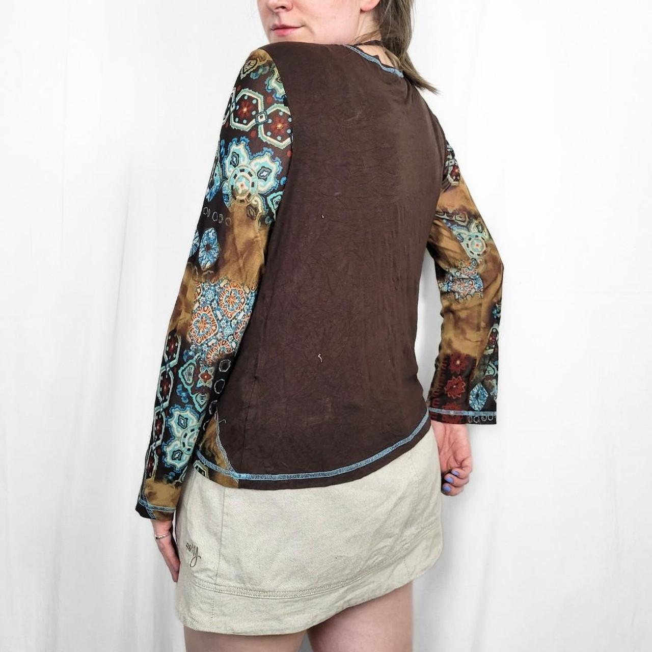 Y2K Brown & Blue Long Sleeve Mesh Top with Funky Design