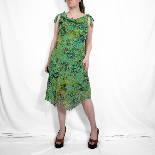 Y2K Green Paisley Sheer Midi Dress – Asymmetrical Hem & Tie Straps