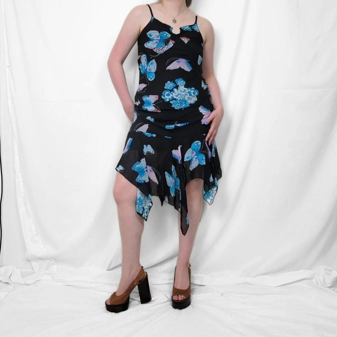 Y2K Black & Blue Butterfly Print Midi Dress – Asymmetrical Hem
