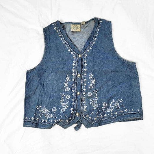 Vintage 90s Denim Waistcoat with Silver & Blue Floral Embroidery