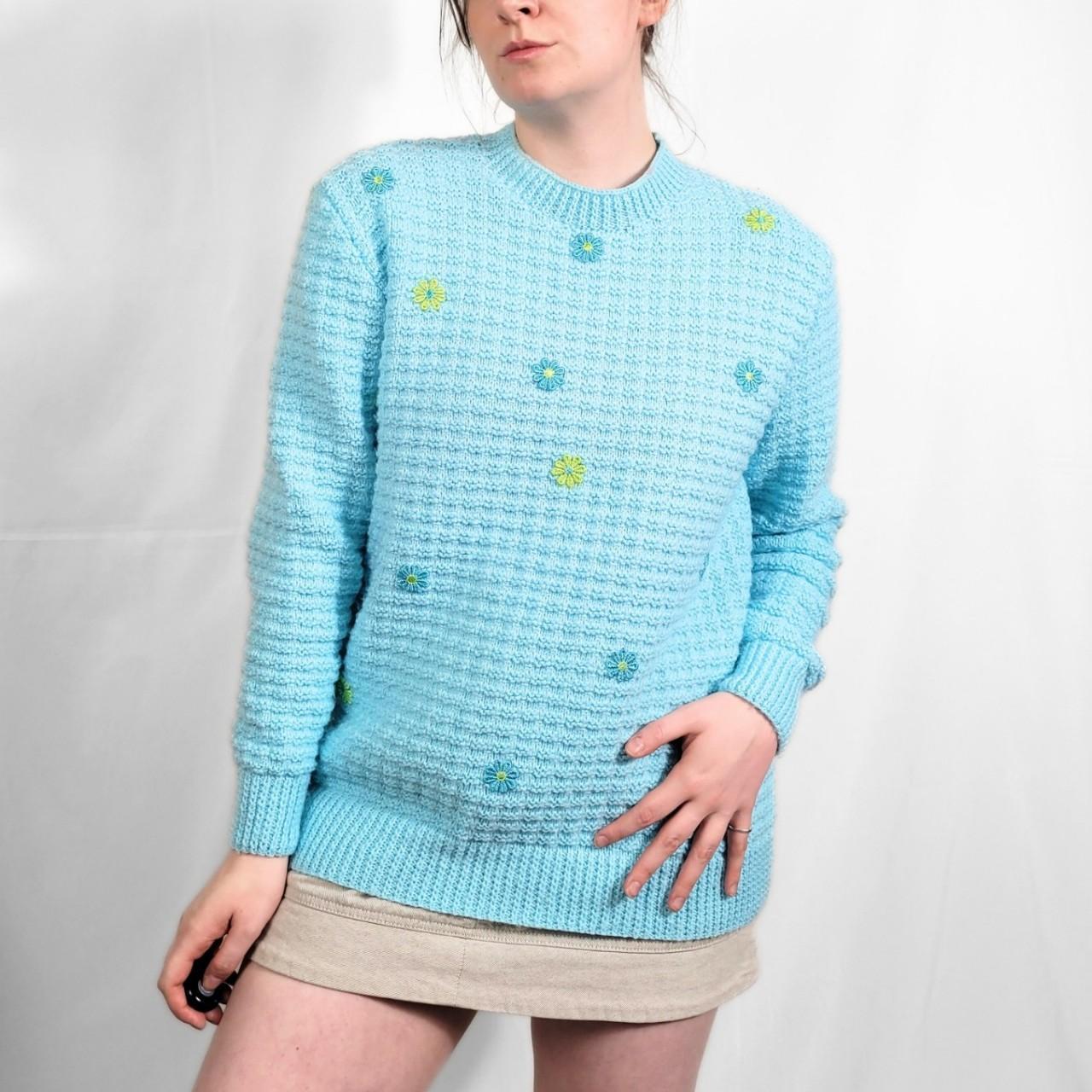 Vintage 70s Light Blue Floral Knitted Jumper