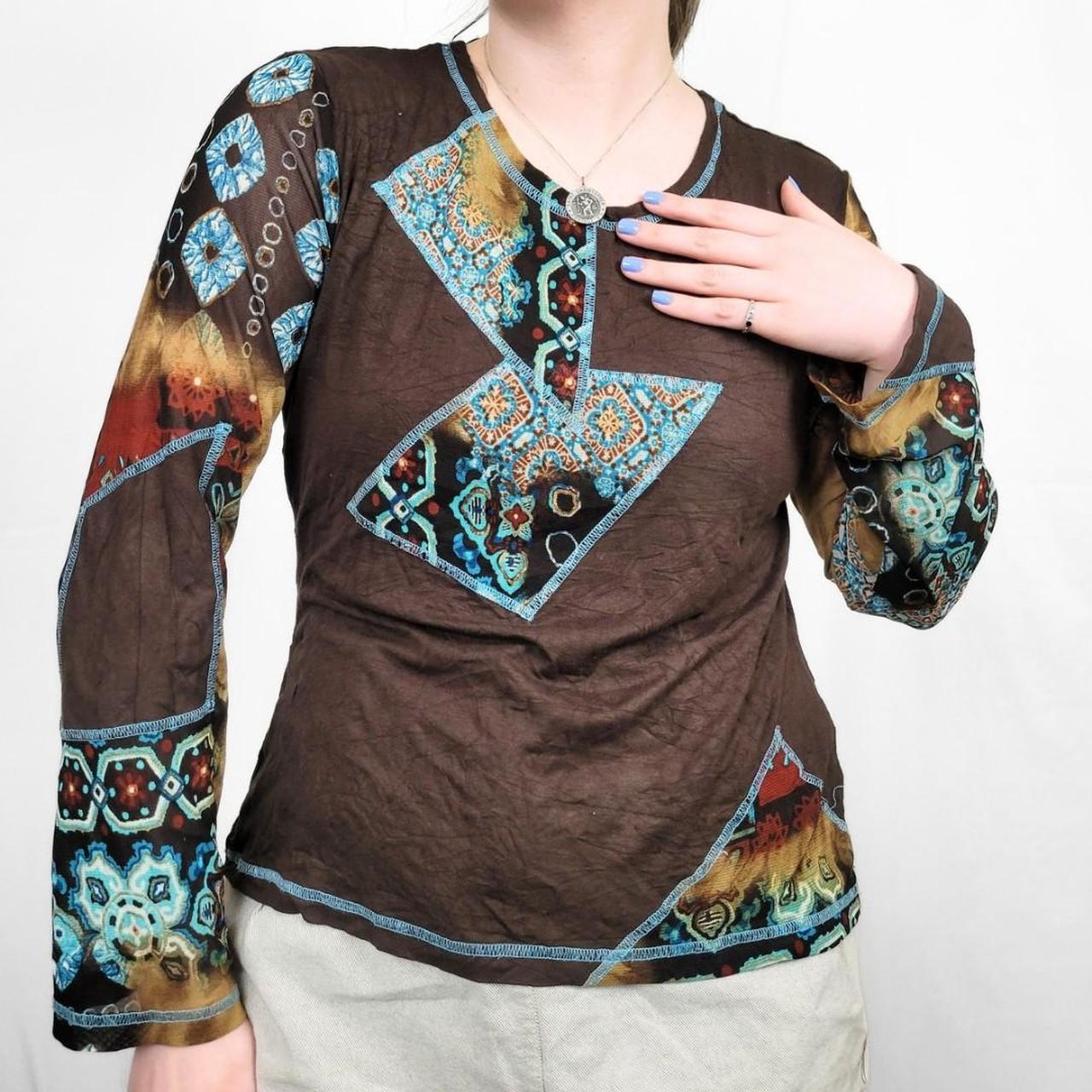 Y2K Brown & Blue Long Sleeve Mesh Top with Funky Design