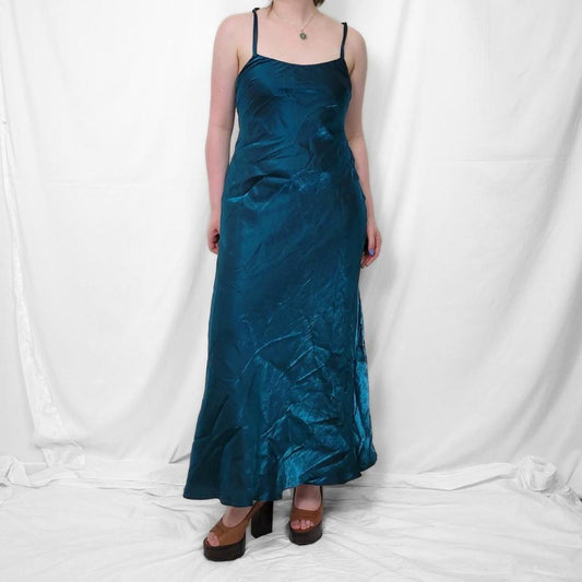 Vintage Teal Satin Fairycore Maxi Dress – Y2K Ocean Vibes
