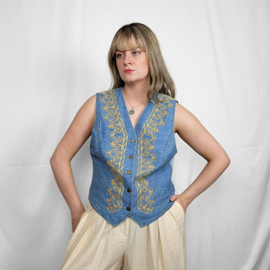 Vintage 90s Light Blue Embroidered Button Down Waistcoat