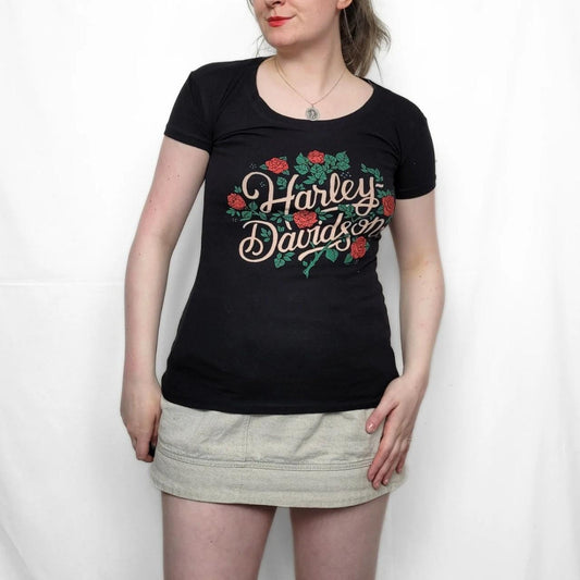 Vintage Y2K Harley Davidson Black Rose Pattern T Shirt