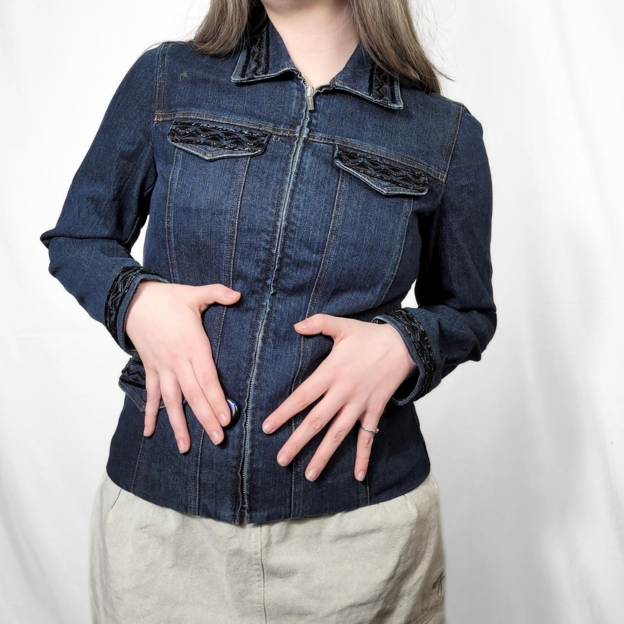 Vintage Y2K Dark Wash Zip Up Denim Jacket With Sequinns
