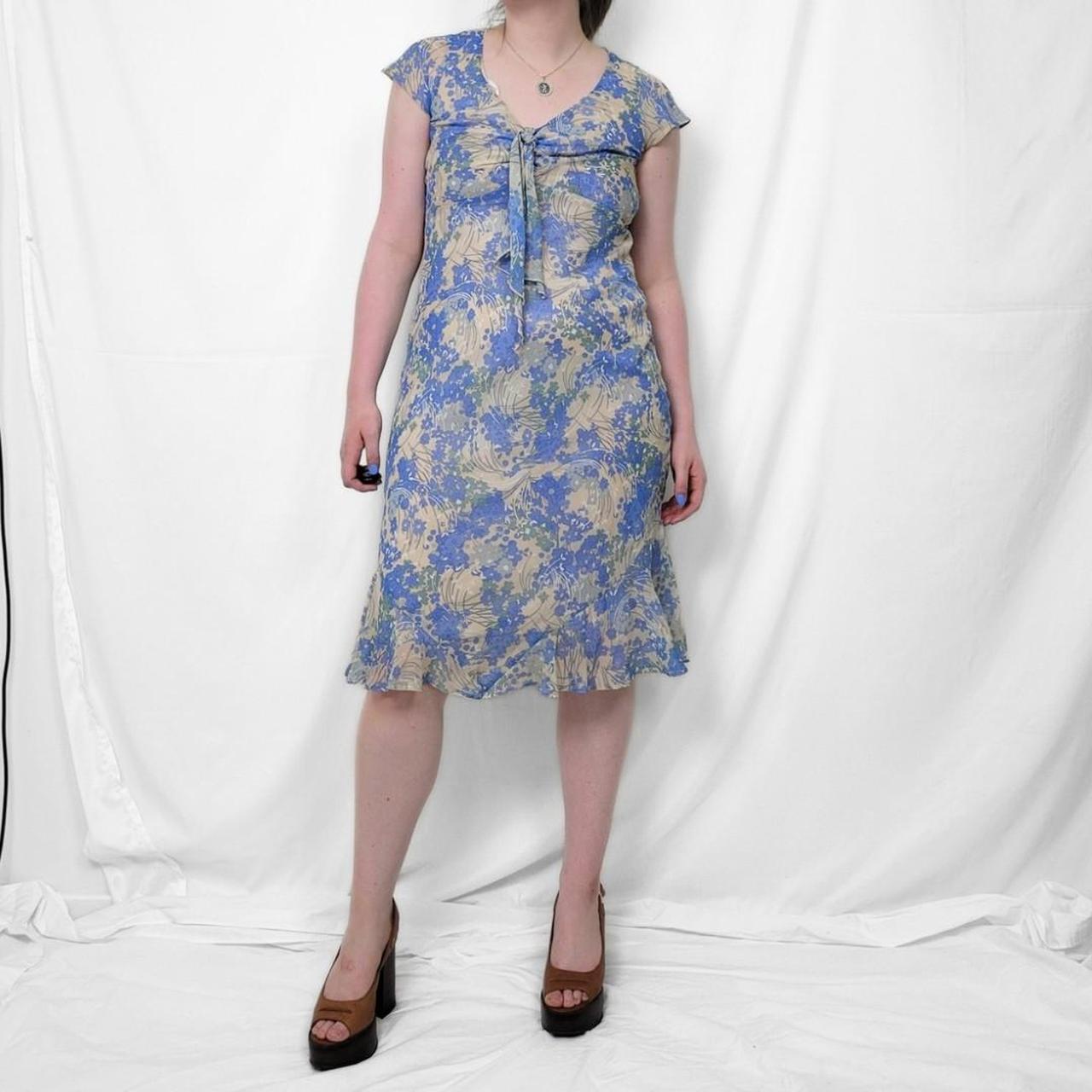 Y2K Blue Floral Midi Dress – Tie Front & Ruffle Hem