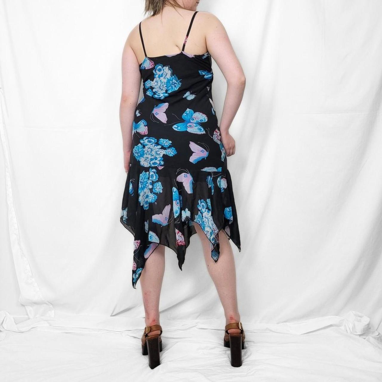 Y2K Black & Blue Butterfly Print Midi Dress – Asymmetrical Hem