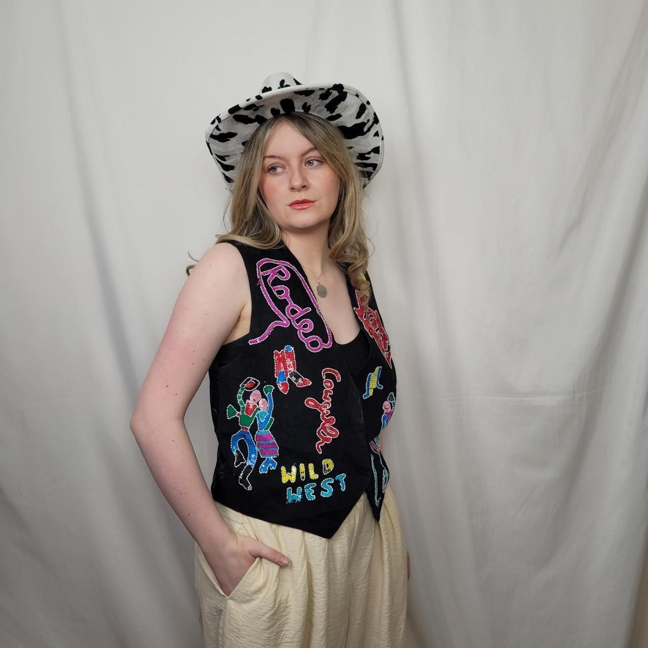 Y2K Black Neon Embroidery Waistcoat S Western – Wild West Cowgirl Graffiti Festival Rodeo Texas Size 8