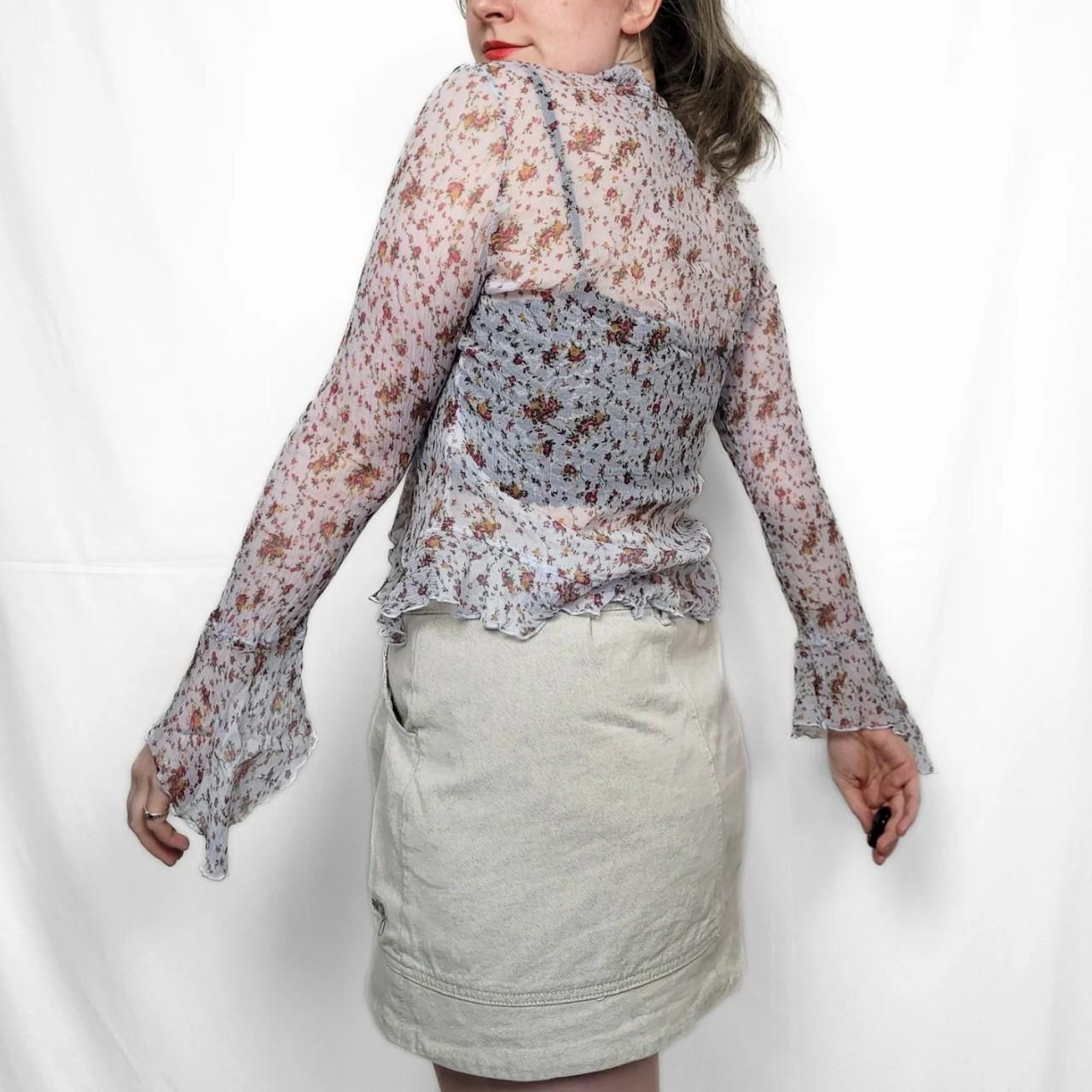 Y2K Blue Floral Mesh Long Sleeve Top with Tie Front
