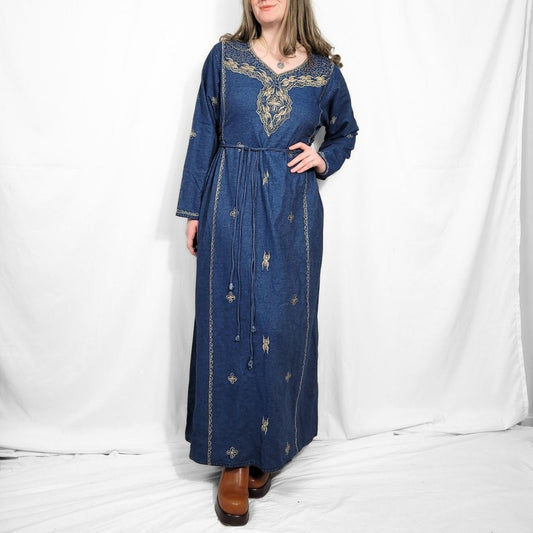 Vintage 90s Blue Denim Western Kaftan Maxi Dress
