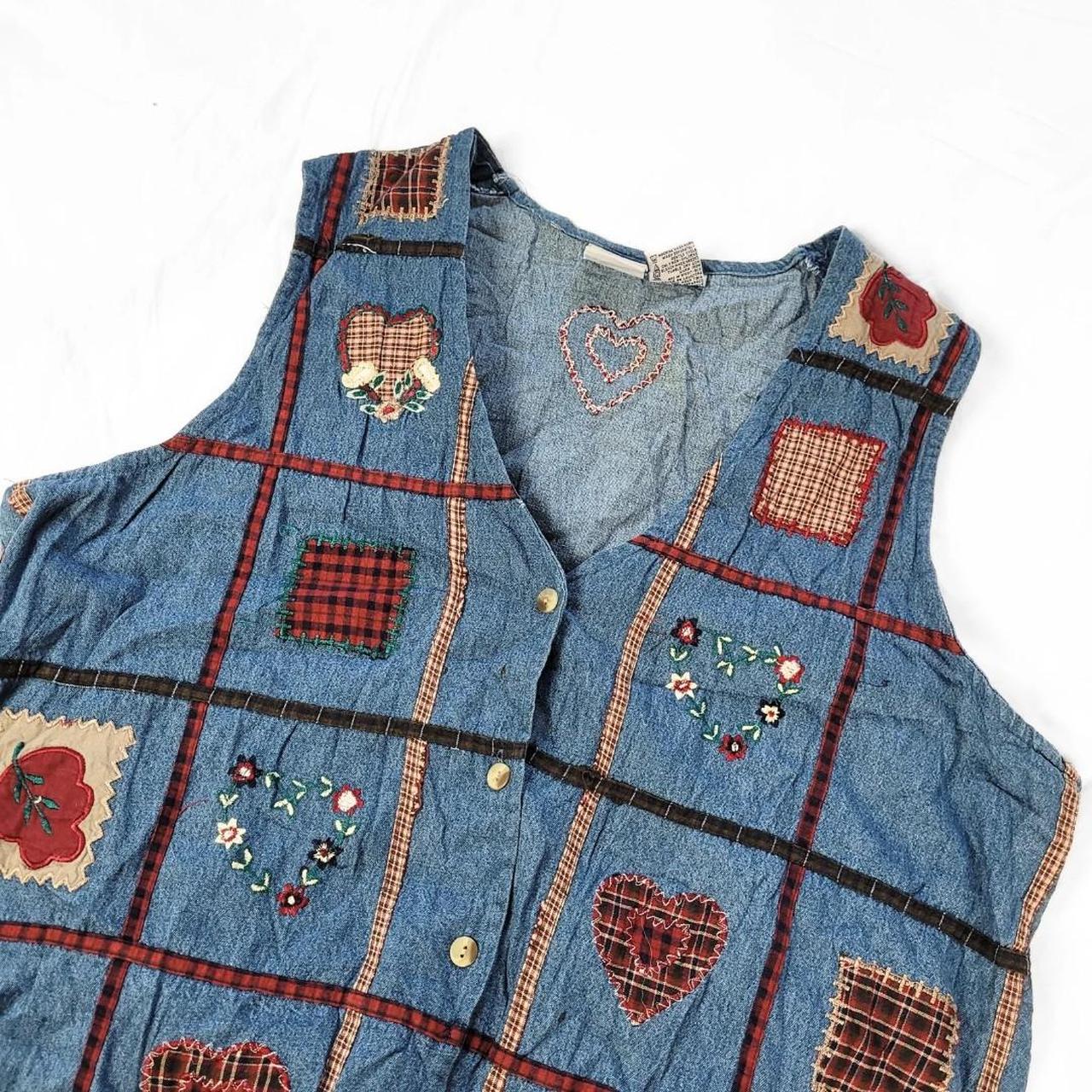 Vintage 90s Patchwork Embroidered Denim Waistcoat – Heart Detail