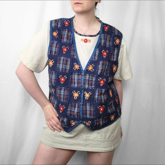 Vintage 90s Denim Waistcoat Vest with Sewn-in T-Shirt and Floral Patchwork Embroidery