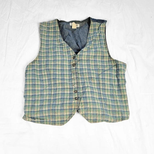 Vintage 90s Denim & Green Gingham Waistcoat – Western Cottagecore Vibes