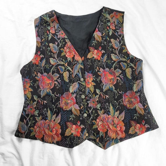 Vintage 90s Floral Waistcoat – Tapestry Button Front