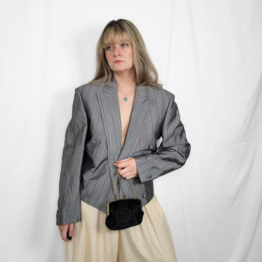 90s Grey Pinstripe Oversized Blazer – Classic Power Suit Vibes