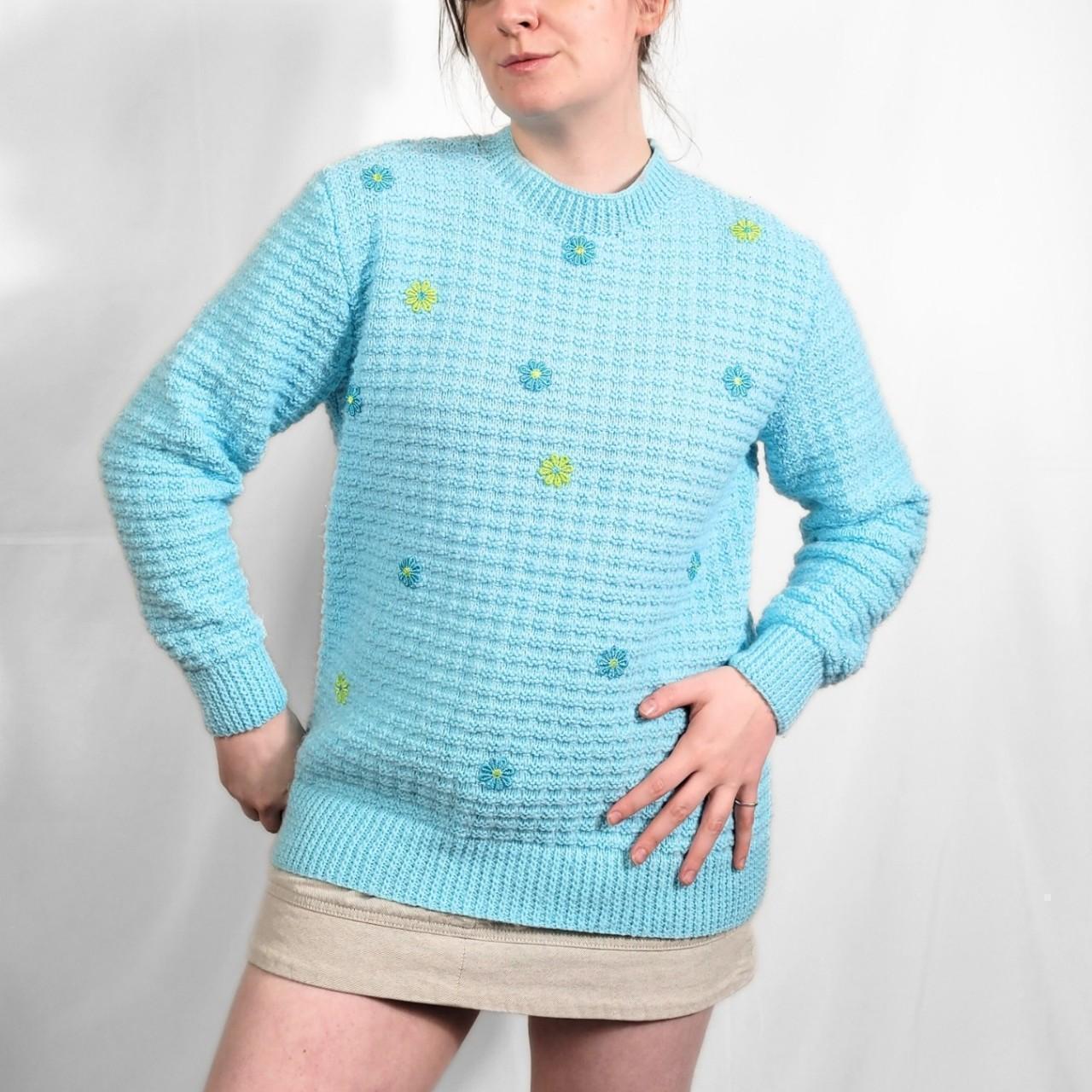 Vintage 70s Light Blue Floral Knitted Jumper