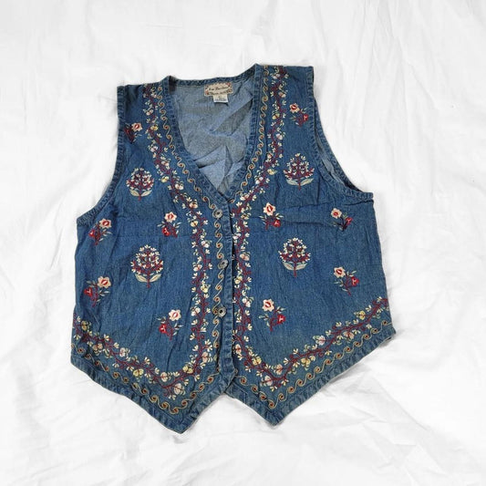 Vintage 90s Denim Waistcoat Vest Button Front & Floral Embroidery