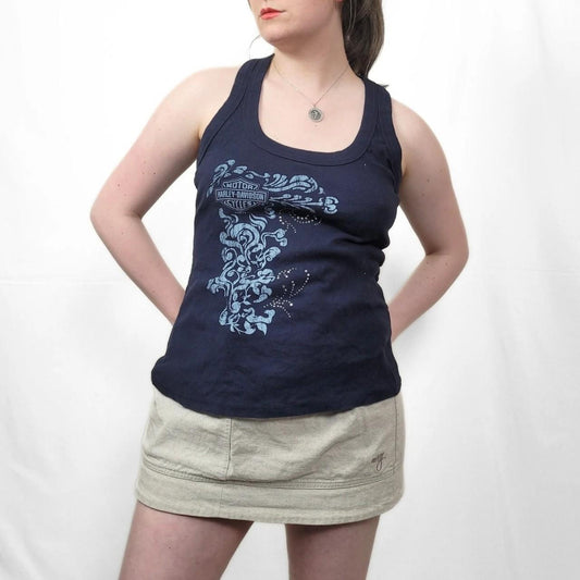 Vintage Y2K Harley Davidson Navy Blue Floral Tank Top