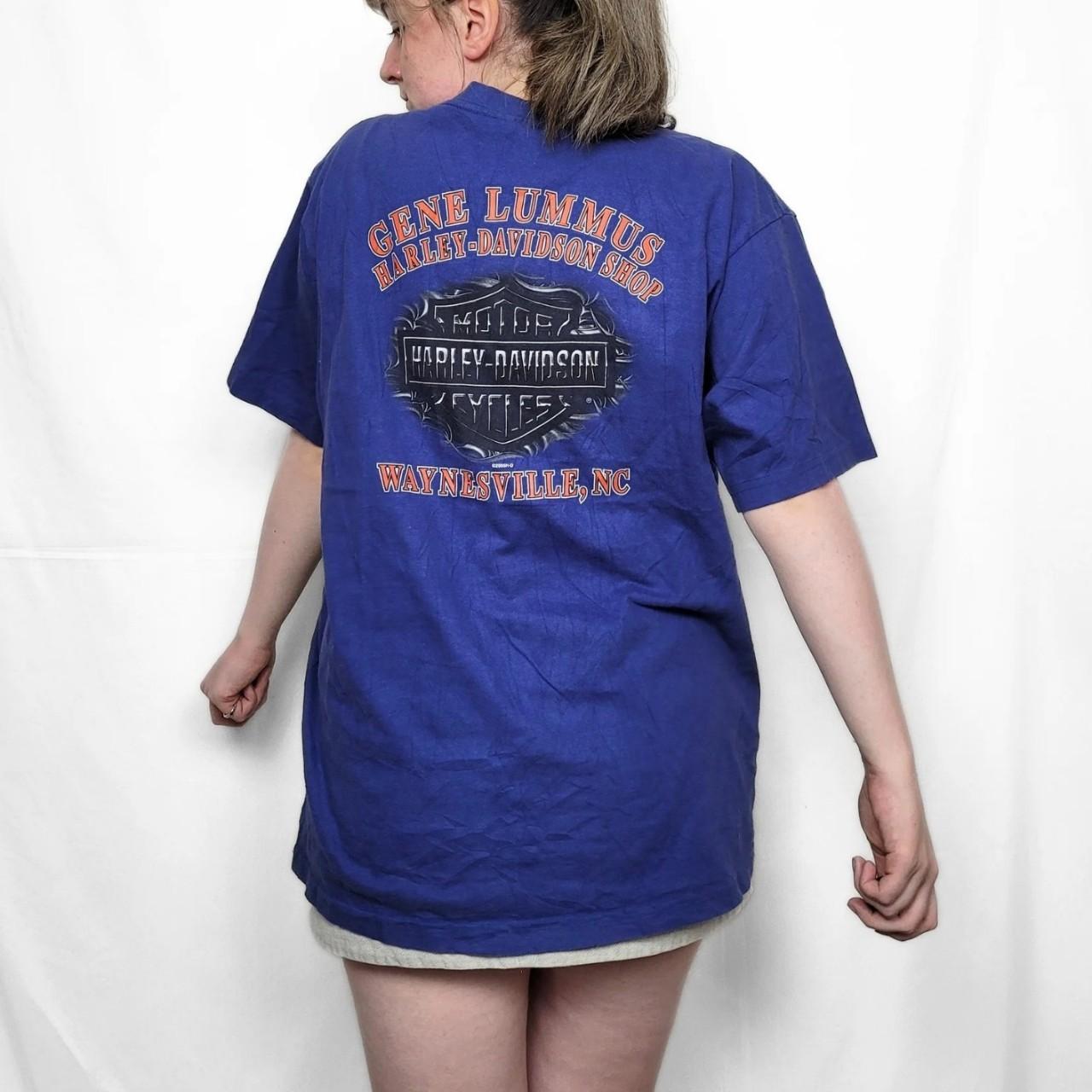 Vintage Y2K Harley Davidson Blue Spell Out Graphic Print T Shirt