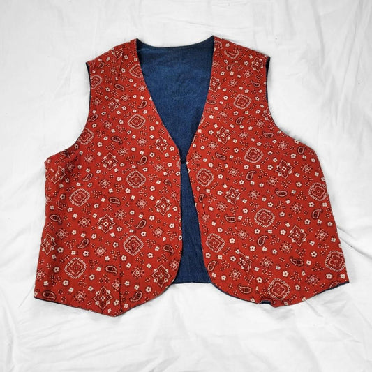 Vintage 90s Denim Waistcoat Vest – Reversible Red Paisley & Blue Denim
