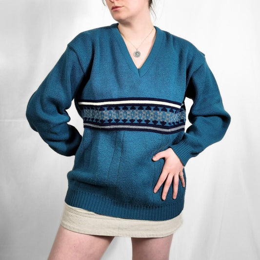 Vintage 90s Blue Funky Pattern V Neck Knitted Jumper