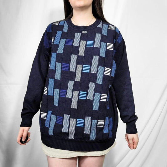Vintage 80s Blue Grunge Pattern Knit Jumper