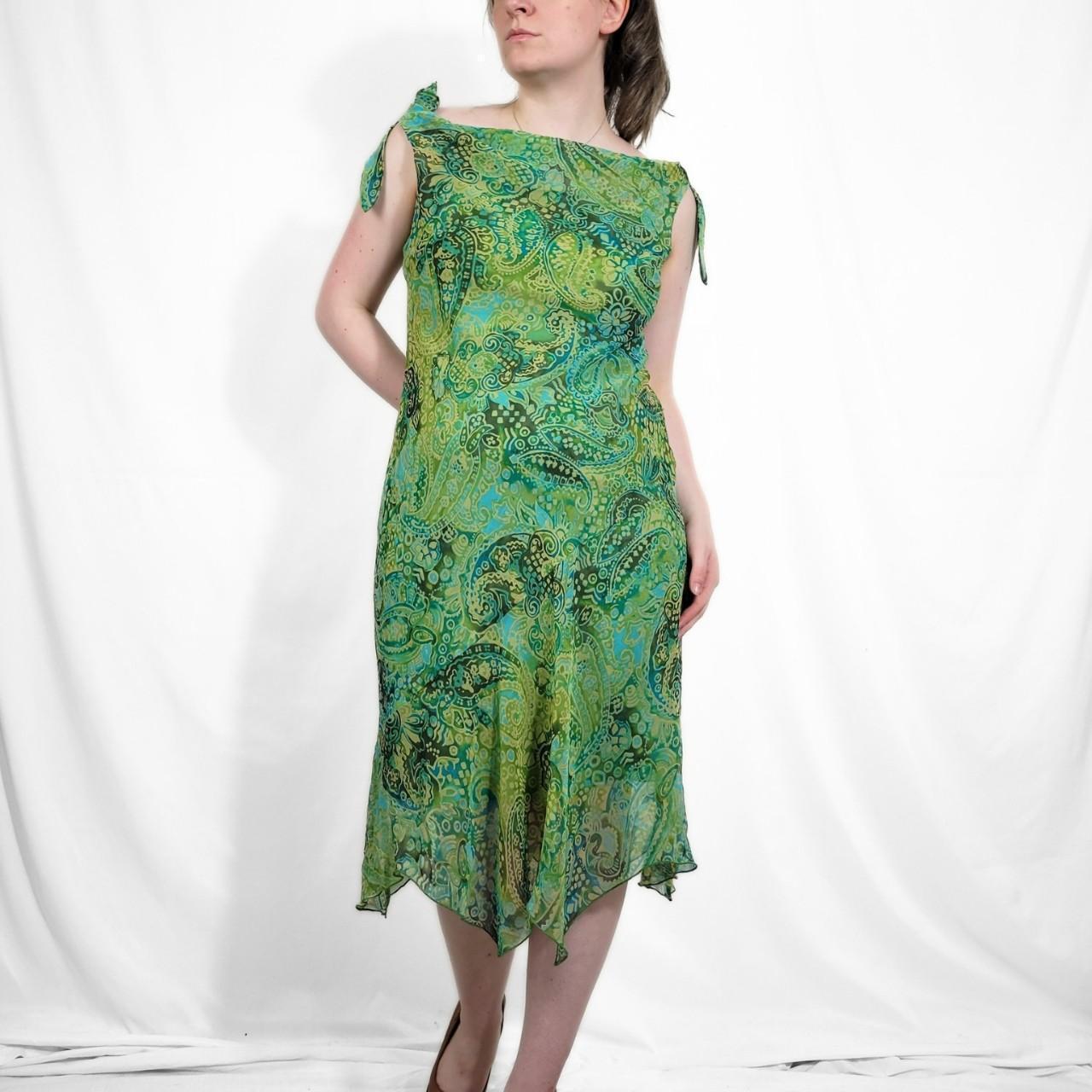 Y2K Green Paisley Sheer Midi Dress – Asymmetrical Hem & Tie Straps