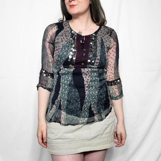 Vintage Y2K Floral Patterned Boho Sheer Top with Sequin Details