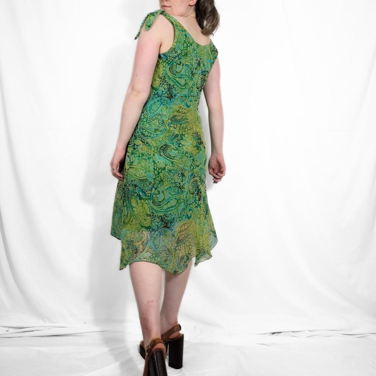 Y2K Green Paisley Sheer Midi Dress – Asymmetrical Hem & Tie Straps