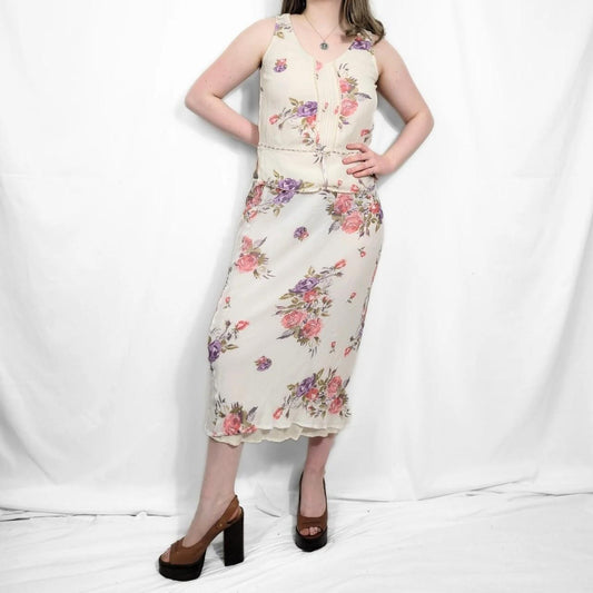 Vintage Y2K Pink Floral Mesh Two Piece Set /Skirt & Top