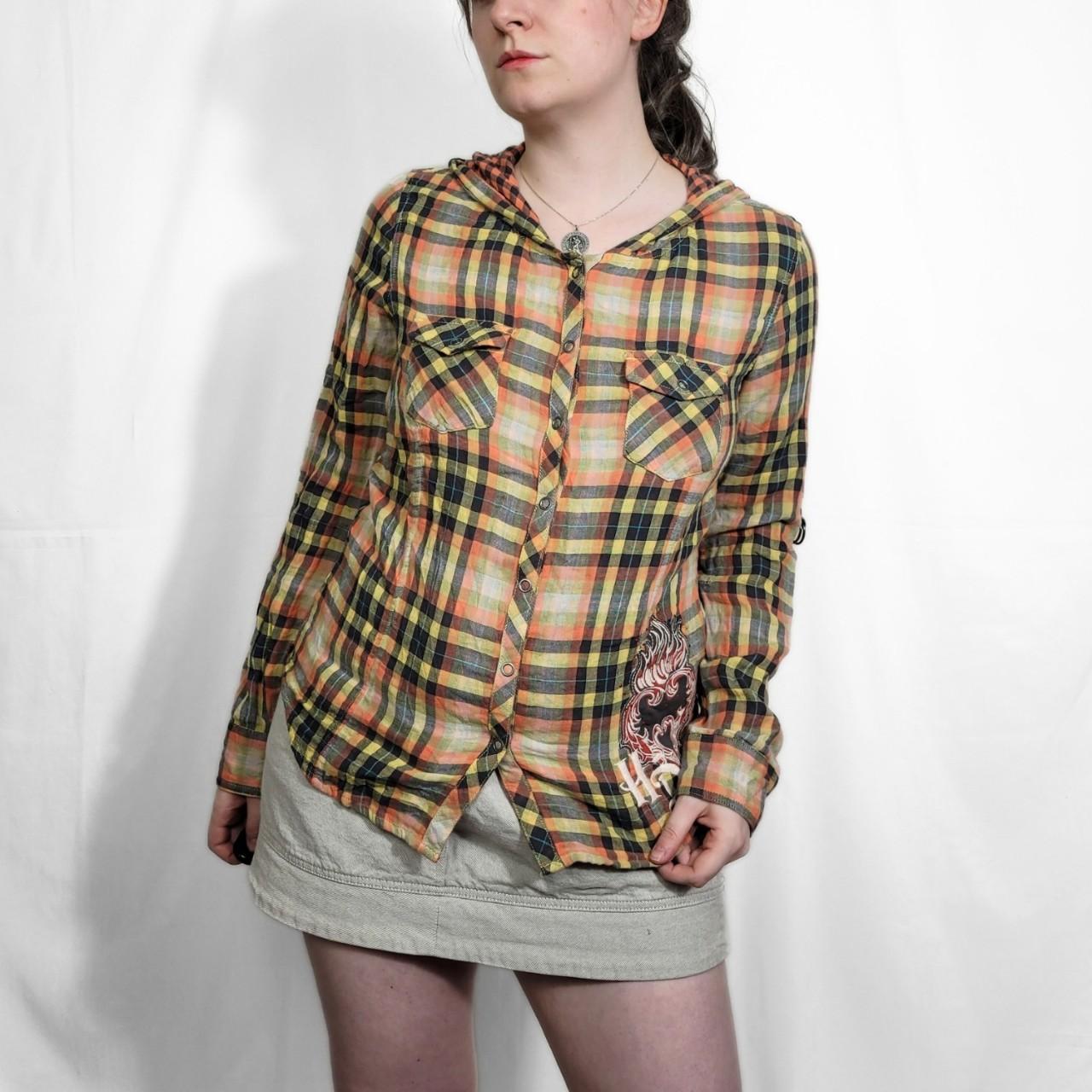 Vintage Y2K Harley Davidson Checked Pattern Long Sleeve Hooded Top