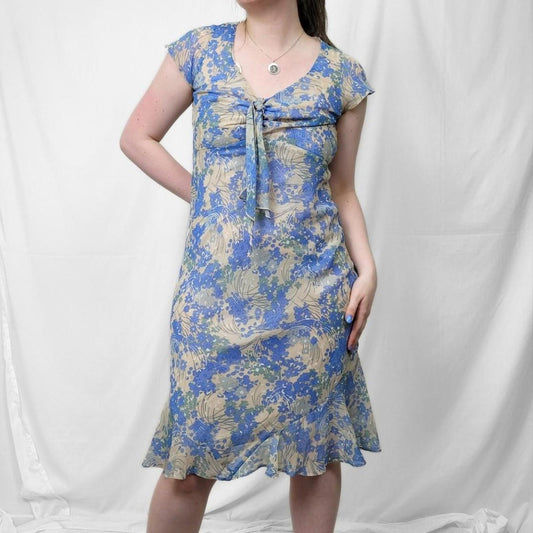 Y2K Blue Floral Midi Dress – Tie Front & Ruffle Hem