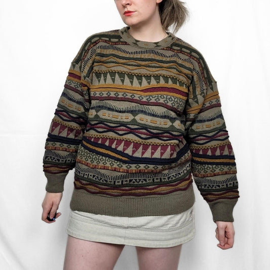 Vintage 90s Coogi Style Grunge Pattern Wool Knit Jumper