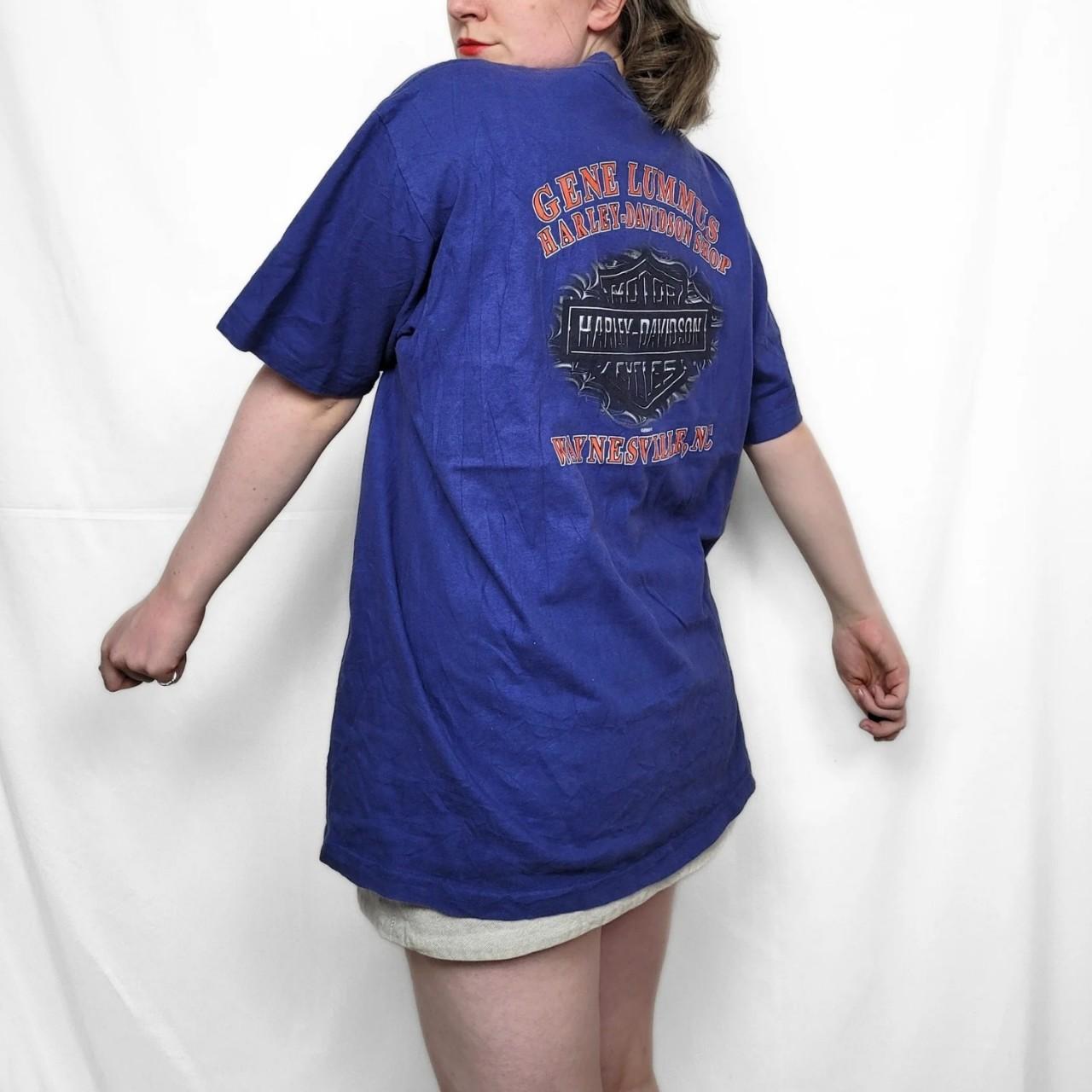 Vintage Y2K Harley Davidson Blue Spell Out Graphic Print T Shirt