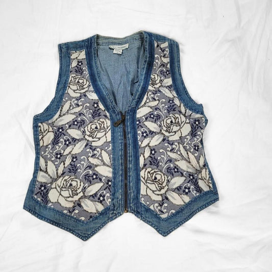 Vintage 90s Denim Waistcoat Vest – White Rose & Sequin Detail