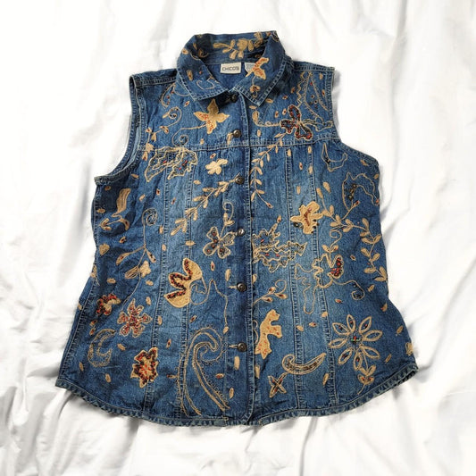 Vintage 90s embroidered denim vest – western boho with collar