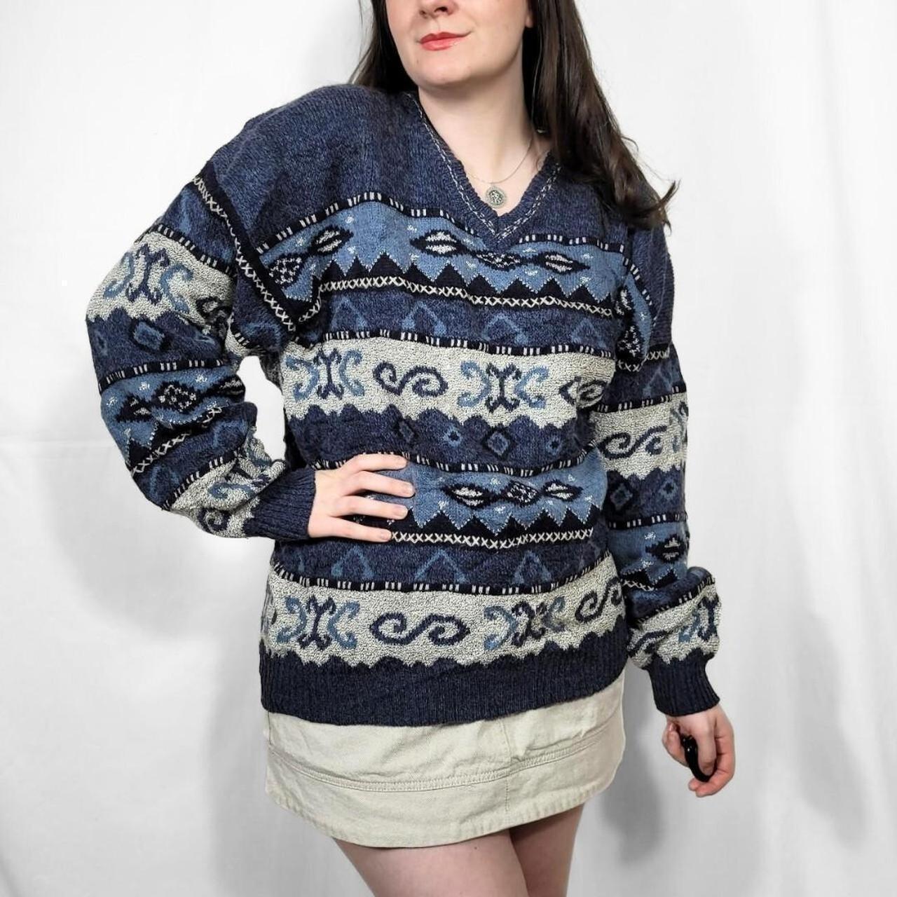 Vintage 90s Blue & White Graphic Pattern Knit Jumper