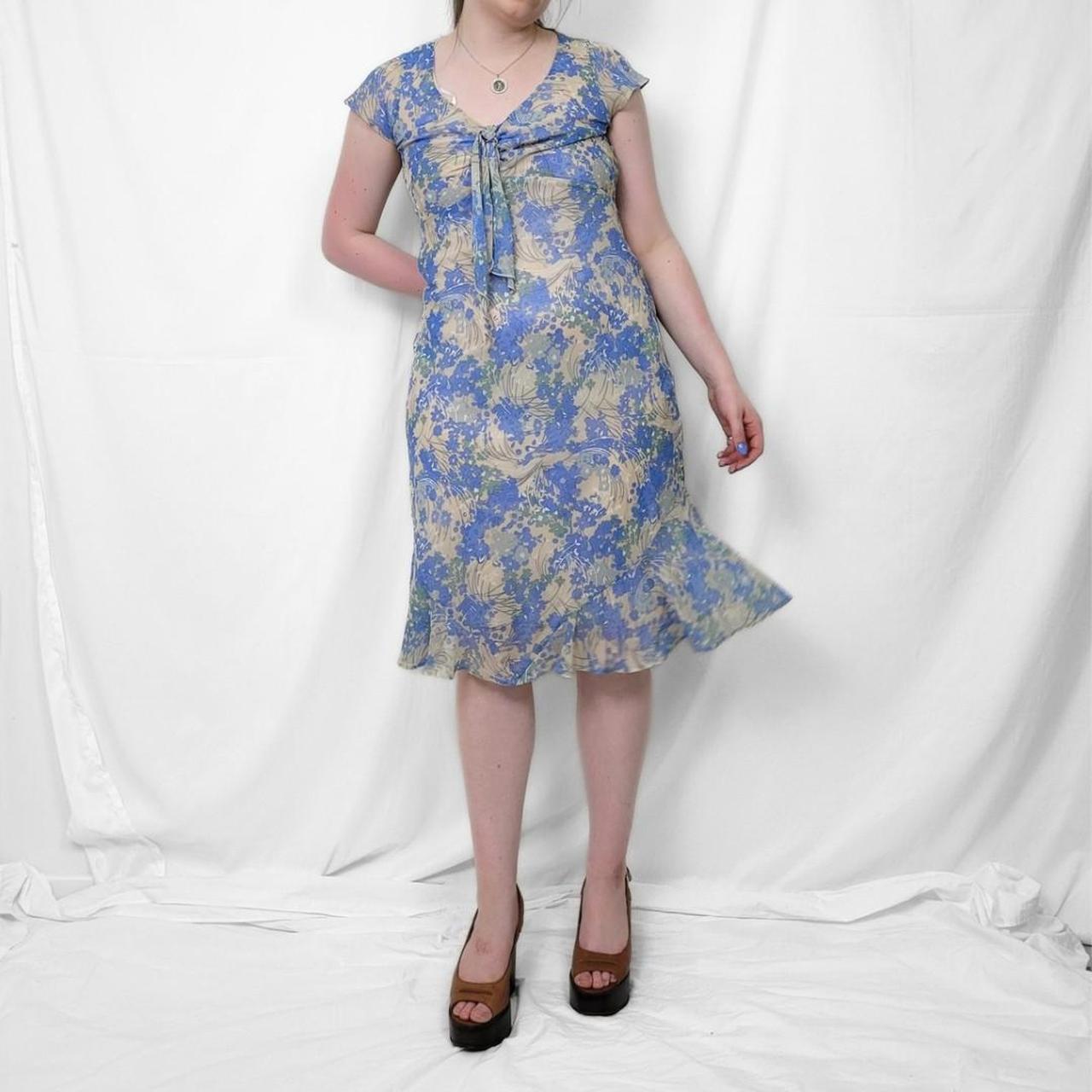 Y2K Blue Floral Midi Dress – Tie Front & Ruffle Hem