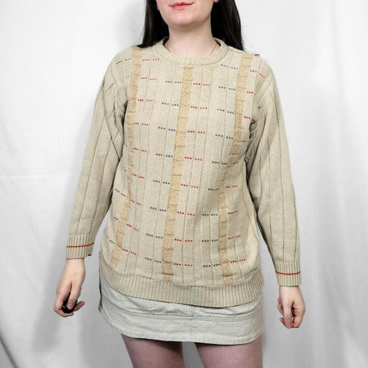 Vintage 90s Beige Checked Pattern Knit Jumper