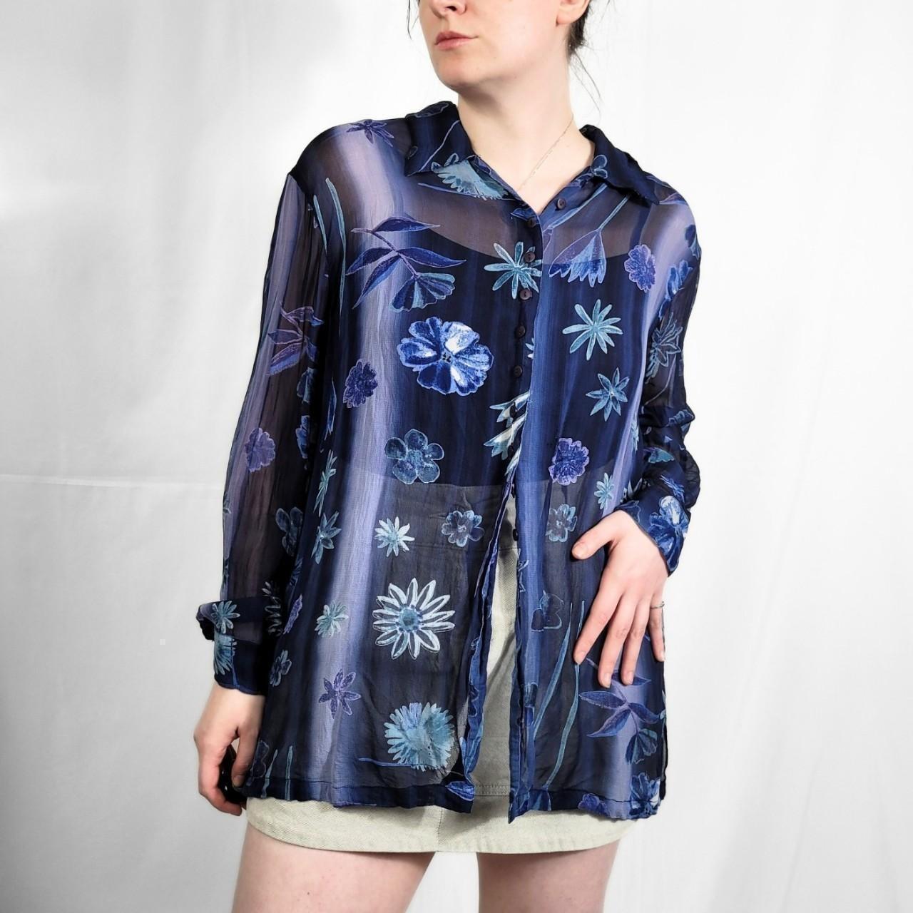 Y2K Blue Floral Sheer Blouse – Monsoon, Size M